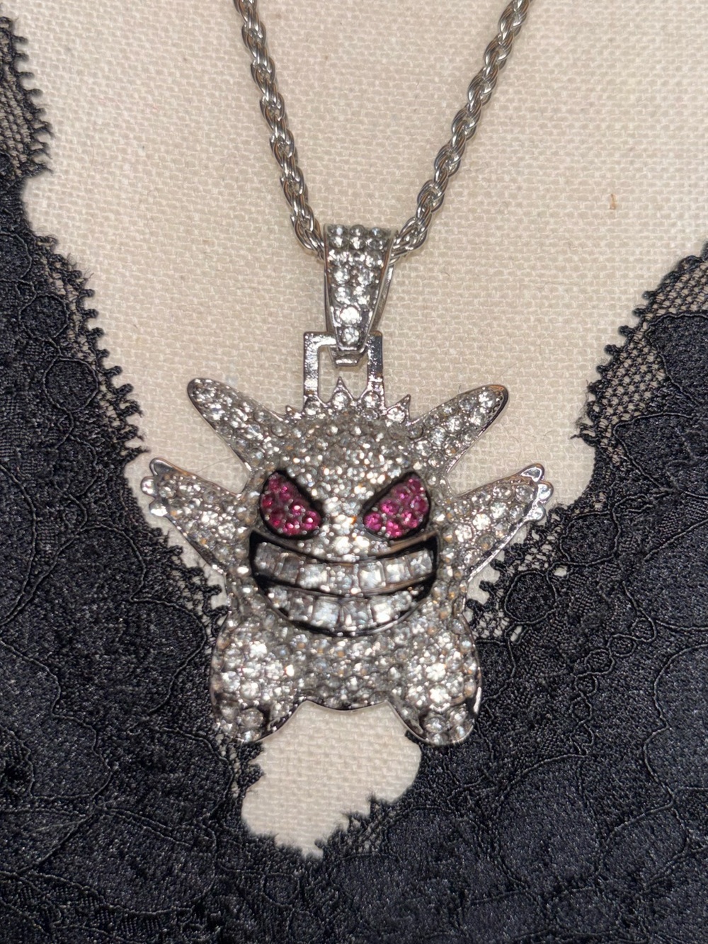 Crystal pave silver tone GENGAR Pokemon pendant necklace
